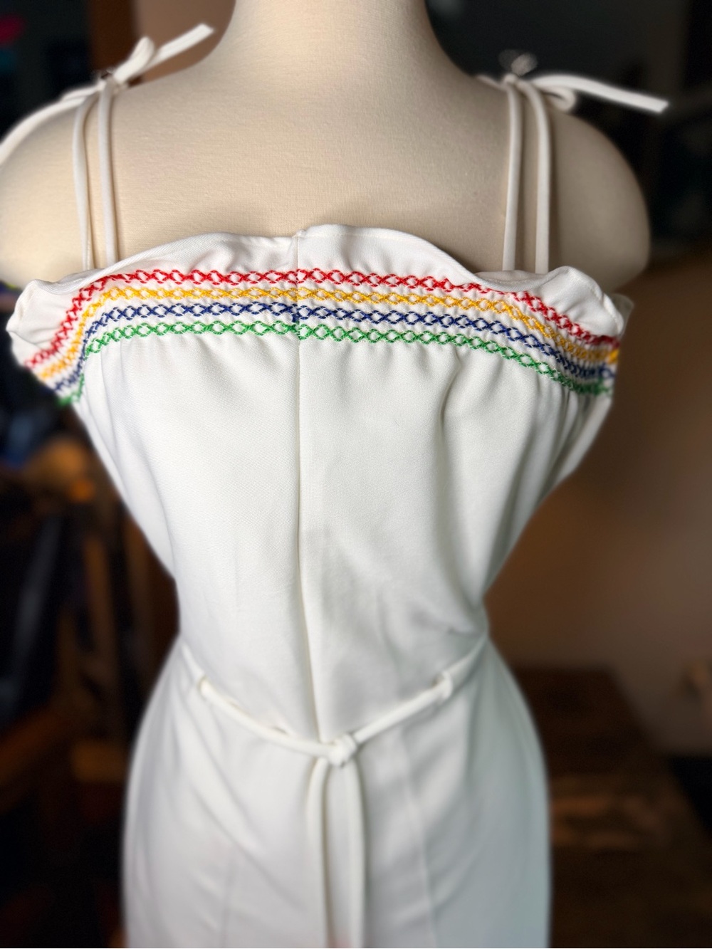 VINTAGE 70s! White Knit Jersey Jumpsuit with Smocked Rainbow Trim, drawstring - Picture 3 of 16